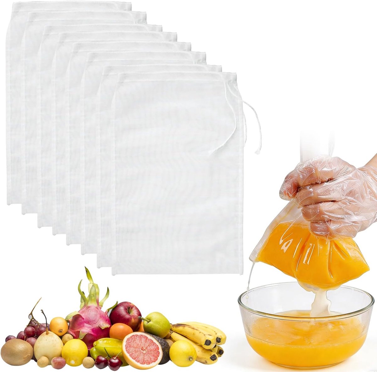 8 Stuks Notenmelkzakken, Herbruikbare Zeefdoeken, Fijnmazige Nylon Filterzakken, Wasbaar met Trekkoord voor Notenmelk, Kaas, Koffie, Kwark en Sap (20 x 30 cm)