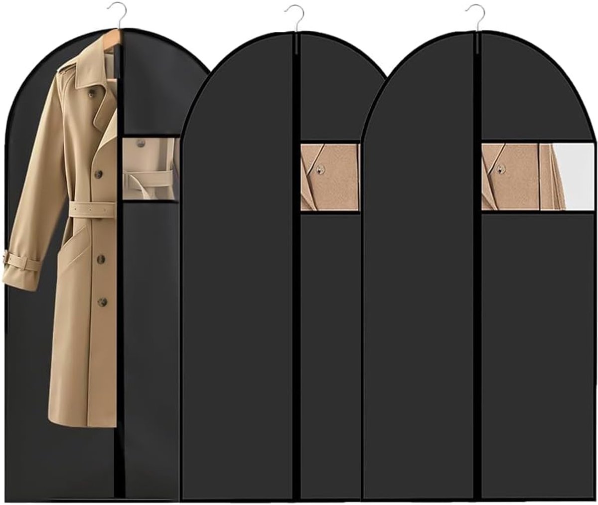 Kledingzak, kledingzak voor het opbergen, 60 x 140 cm, ademende stof, pak met helder venster, zwarte ritssluiting, voor jurken, mantels, overhemden, avondjurken