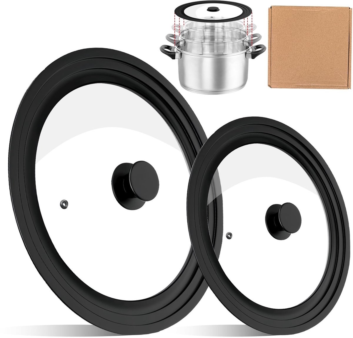 Omgoods- Pannendeksels 2 Stuks - Universele Glazen Deksels - Hittebestendige Siliconen Rand - Voor Pannen Ø 16/18/20/24/26/28 cm - Schokbestendig - Transparant Glas - Pandeckel