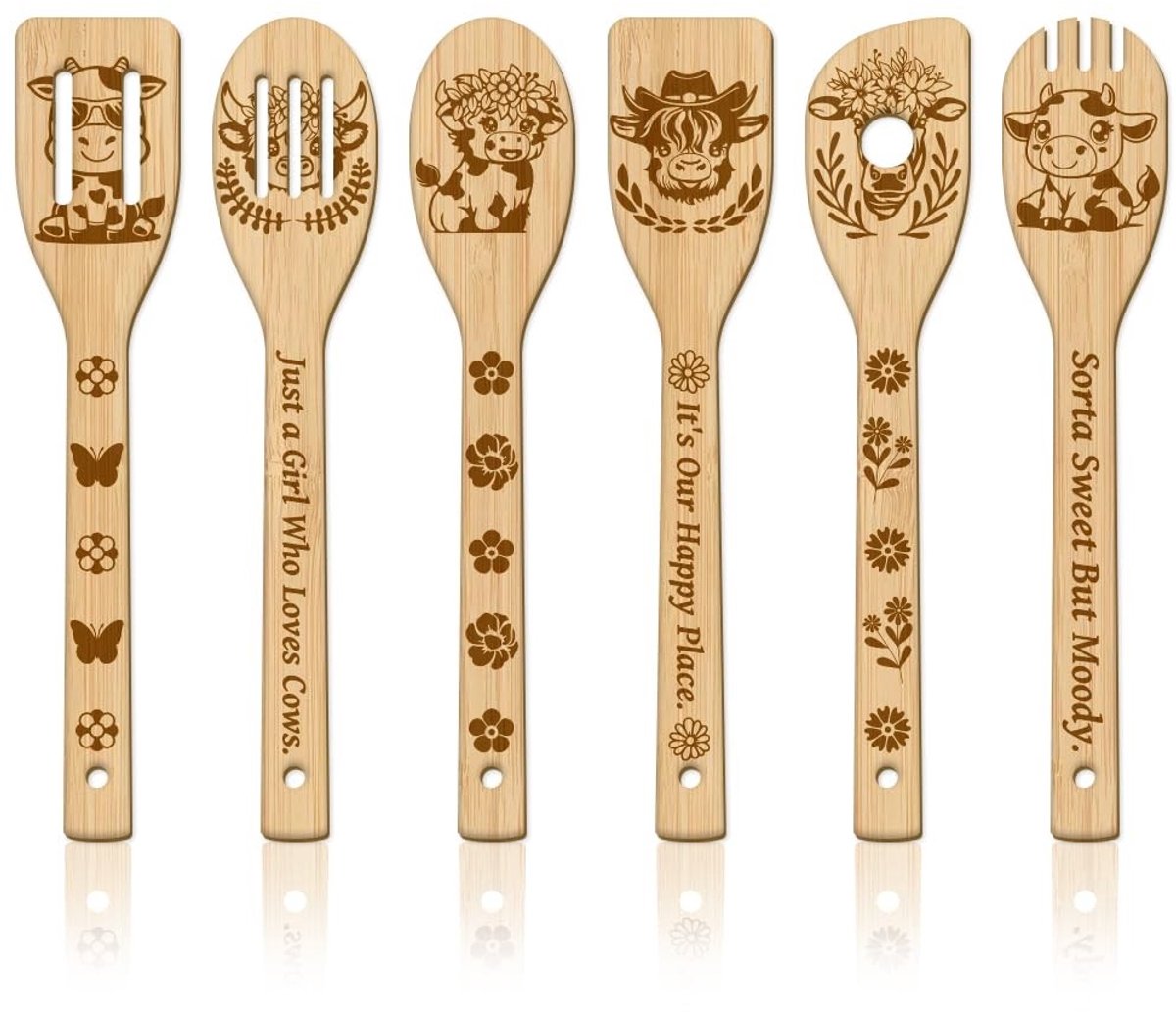 Omgoods - 6-delige Houten Lepel Set - Boerderij Koe Design voor Keuken