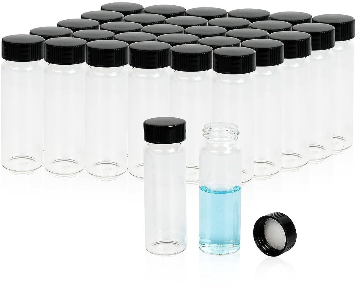 SnelShoppen - 100 Stuks 30ml Sample Vials - Duidelijke Glazen Flessen met Zwarte PP Schroefdoppen - Laboratorium Vialen met PE Liner - 27.5 x 84mm