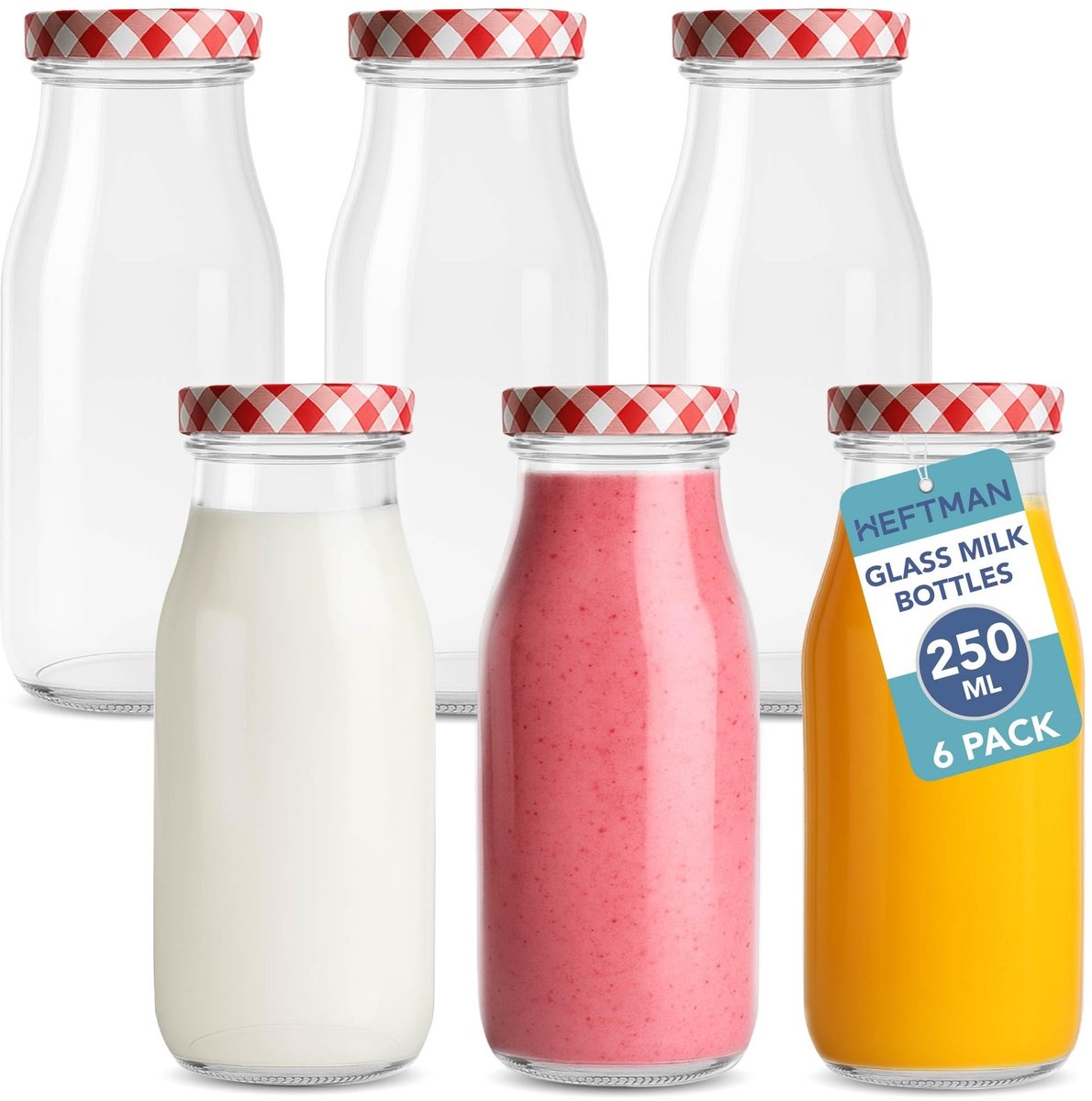 Omgoods - Set van 6 Glazen Melkflessen 250ml met Luchtdichte Deksel