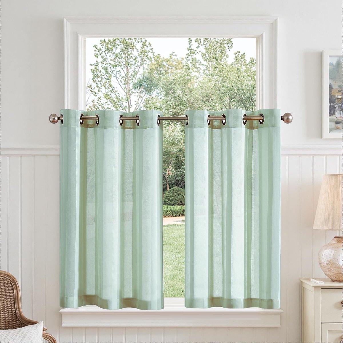 Omgoods - Voile Bistrogordijnen met Oogjes - Gestreept, 90 x 60 cm, 2er Set