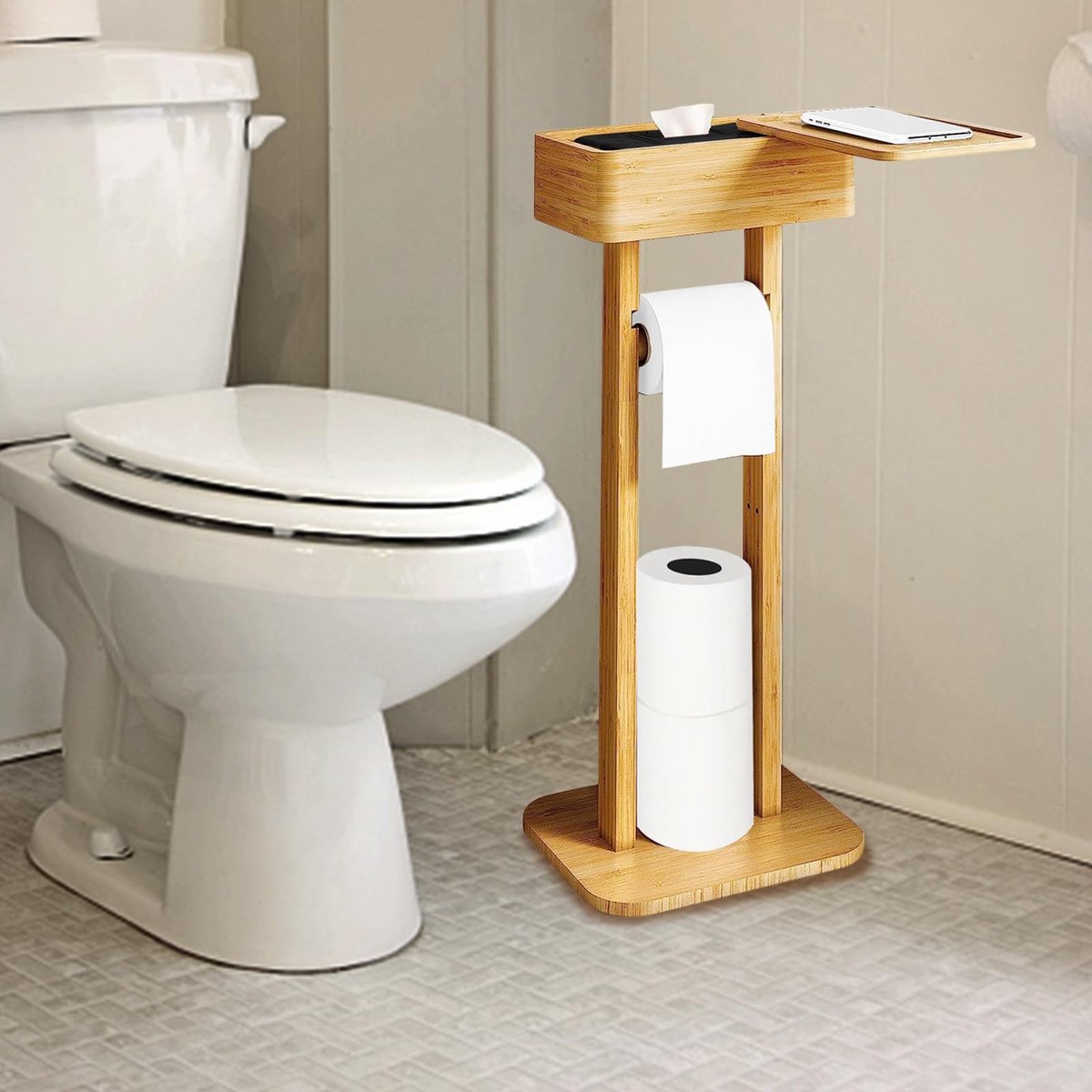 Omgoods - Toiletrolhouder Stand met Opbergplank - 4 in 1 Bamboo Design