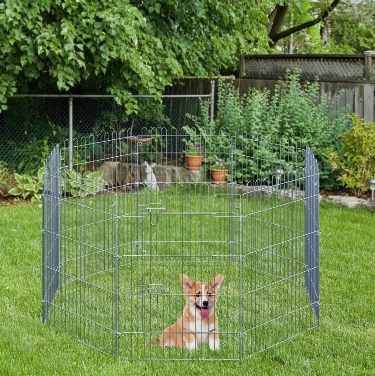REDOM - Puppyren - 8-delige metalen uitvoering met deur en slot - Voor buitengebruik - Inclusief 8 grondankers - Stalen - Zilver - 63 x 91 cm