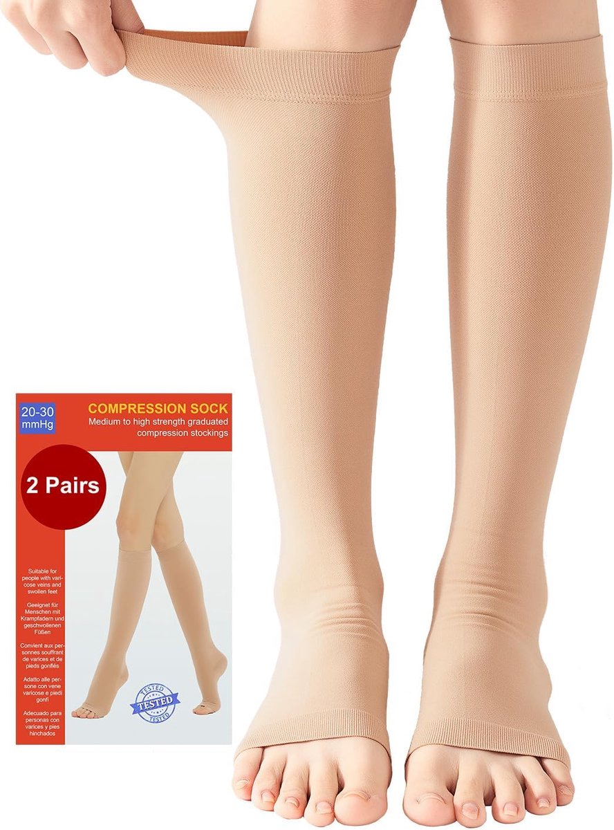2 Paar Medische Compressiekousen Dames & Herren 20-30 mmHg, Klasse 2 | Open Teen | Gegradueerde Steun | Steunkousen tegen Oedeem, Trombose, Reizen | Zwangerschap