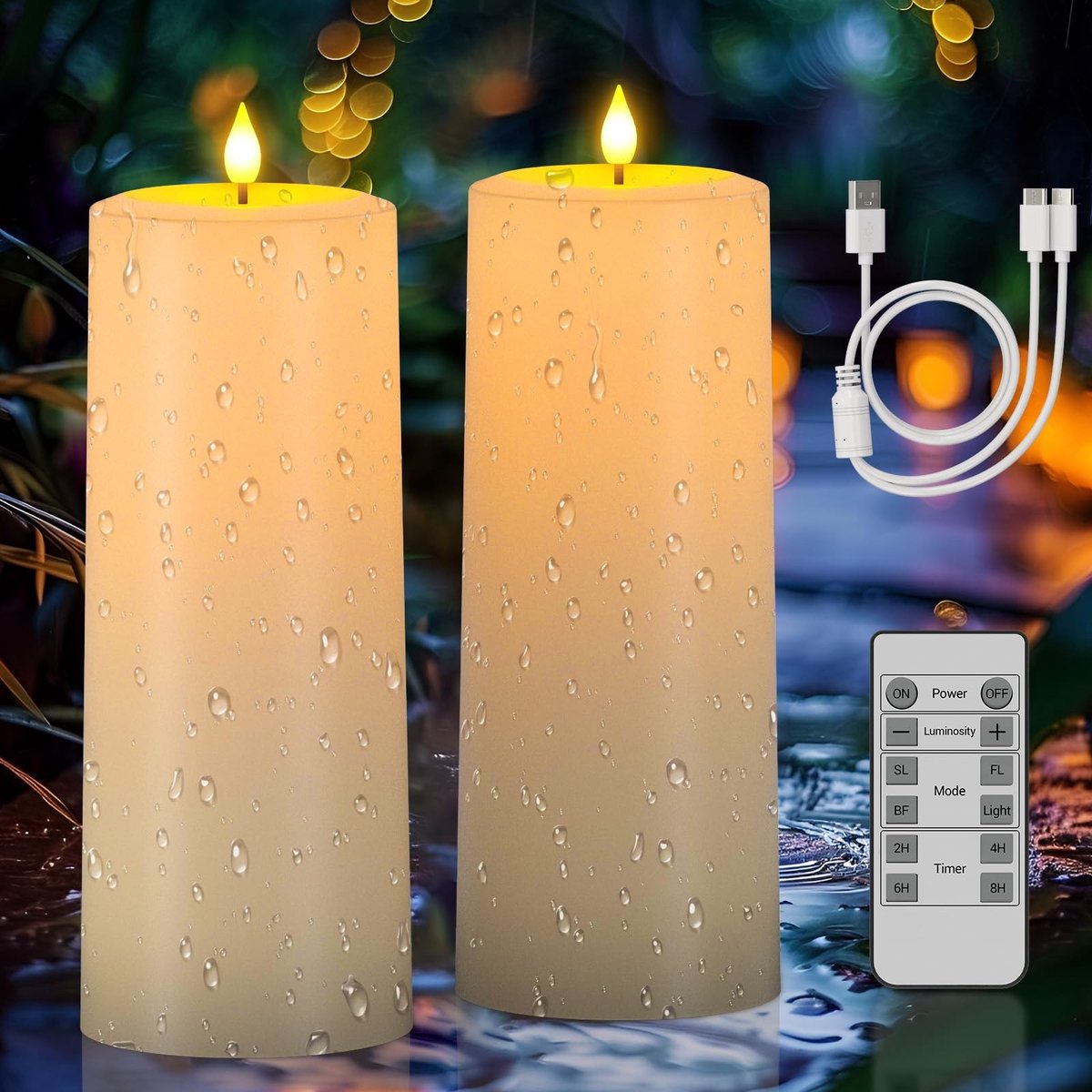 Omgoods - Herlaadbare Solar Kaarsen Set van 2 - Waterdichte LED Pillar Kaarsen met Afstandsbediening