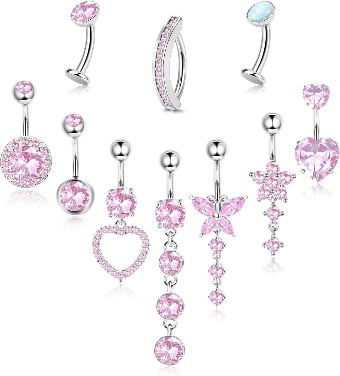 10 stuks 14G navelpiercings Goudkleurig chirurgisch roestvrij staal Navelpiercing voor vrouwen CZ Opal Hangende navelpiercings Zilverkleurig Hypoallergeen navelpiercing-sieraad
