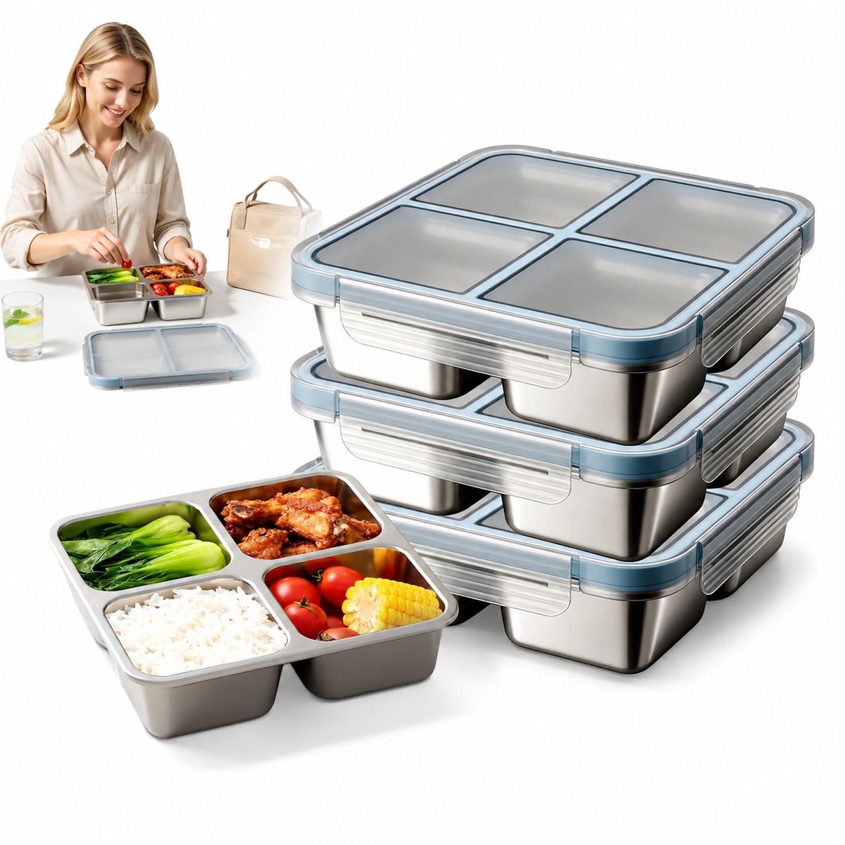 VHV - RVS lunchbox met 4 vakken - 3-delige snackbox set met BPA-vrij deksel - Lekvrije bento broodtrommel voor onderweg