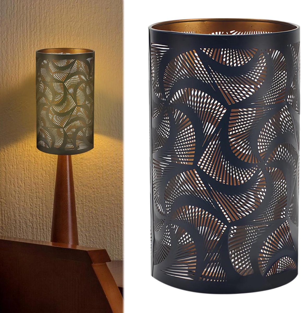 lampenkap, E27, zwart, 12 x 12 x 20 cm, modern, cilindrisch, gesneden, gegraveerd, lasergravure, schroefmontage, voor tafellampen