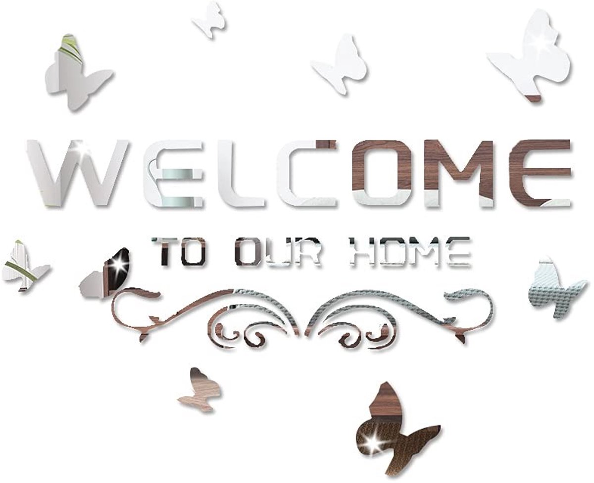 Omgoods - Welkom Thuis Acryl Spiegel Muurstickers met Vlinders en Klimop - Decoratie voor Woonkamer
