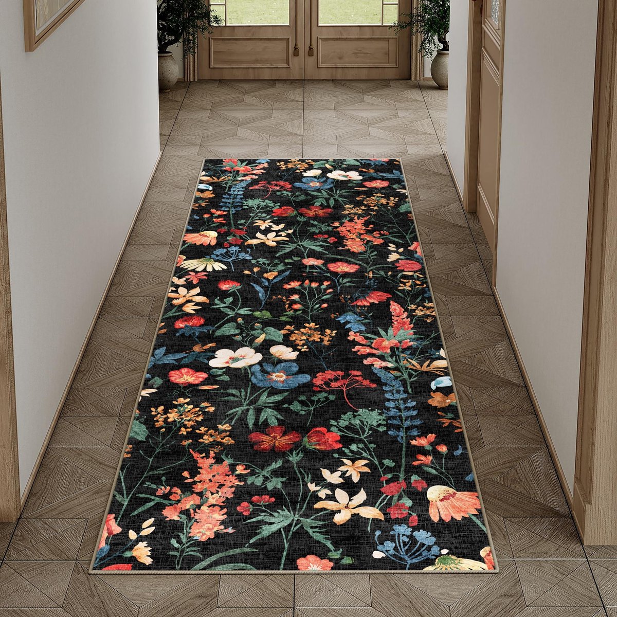 Omgoods - Floral Vloerkleed 60x180cm Zwart Boho Bloemen