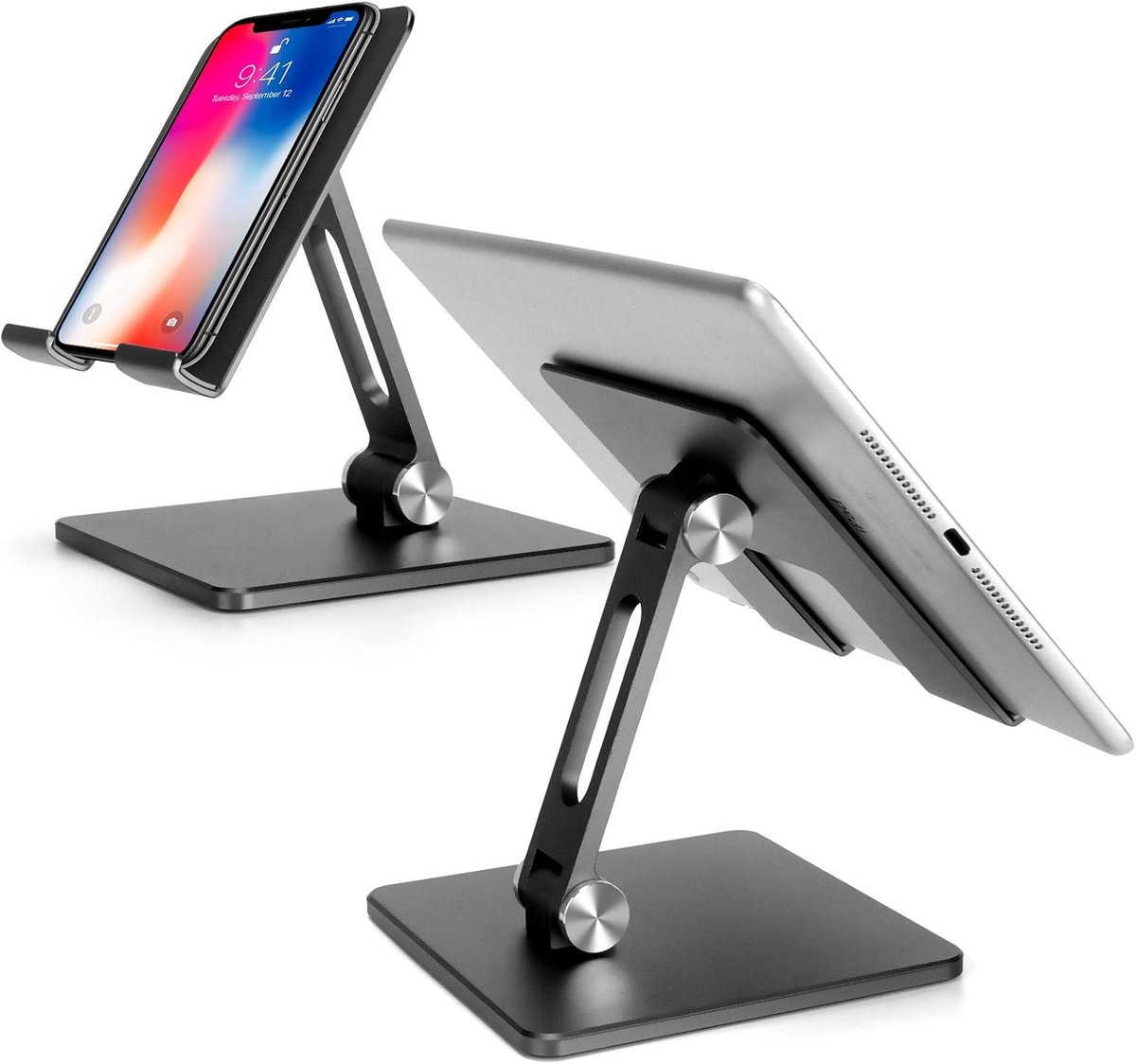 Aluminium Tabletstandaard,Dubbele Hoogte en Hoek Verstelbare Houder voor 4-15,6" Tablet/iPad/Mobiele Telefoon (Grijs)
