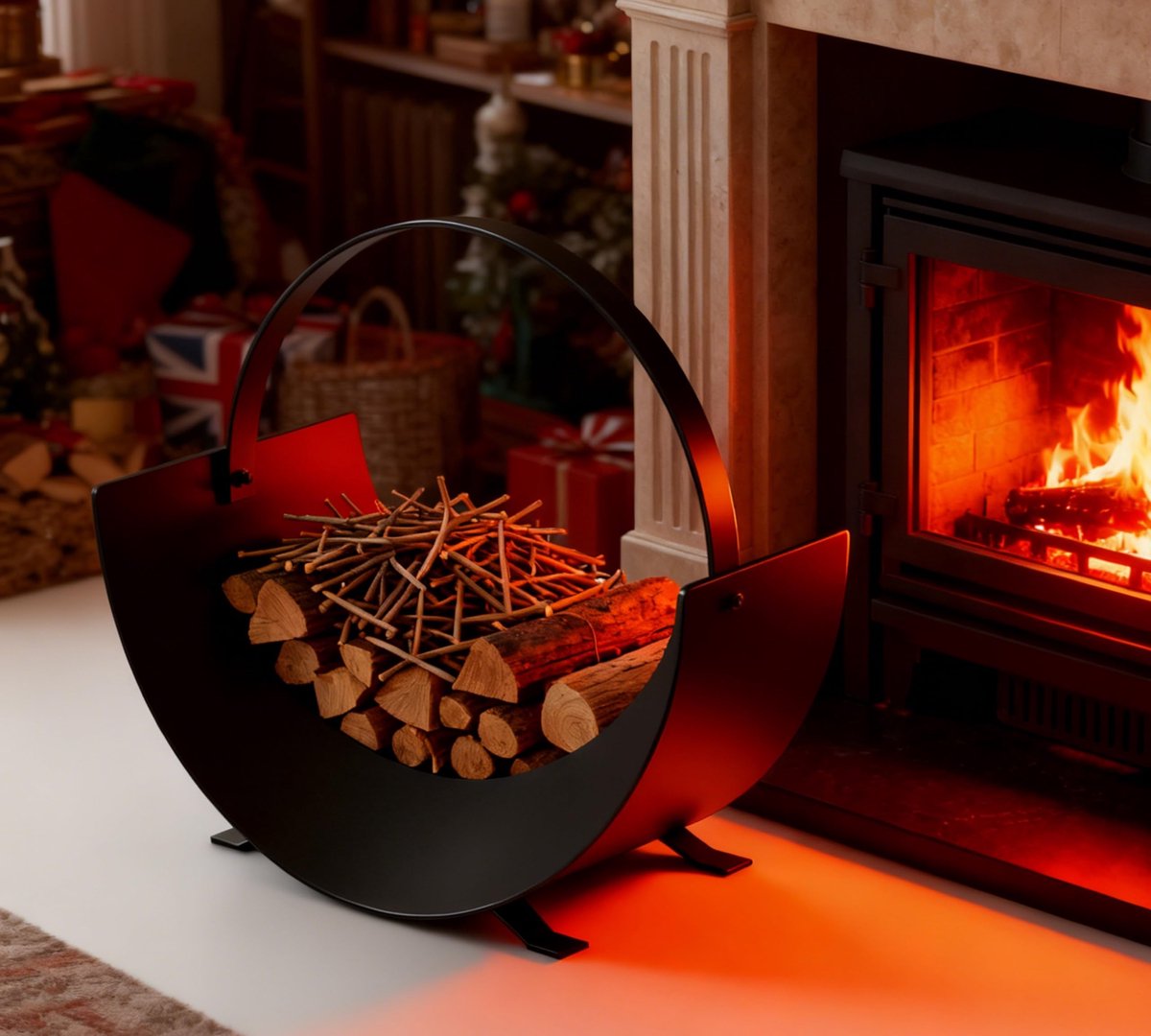 Omgoods - Stalen Houtopbergmand voor Haard - Curved Design met Handvat
