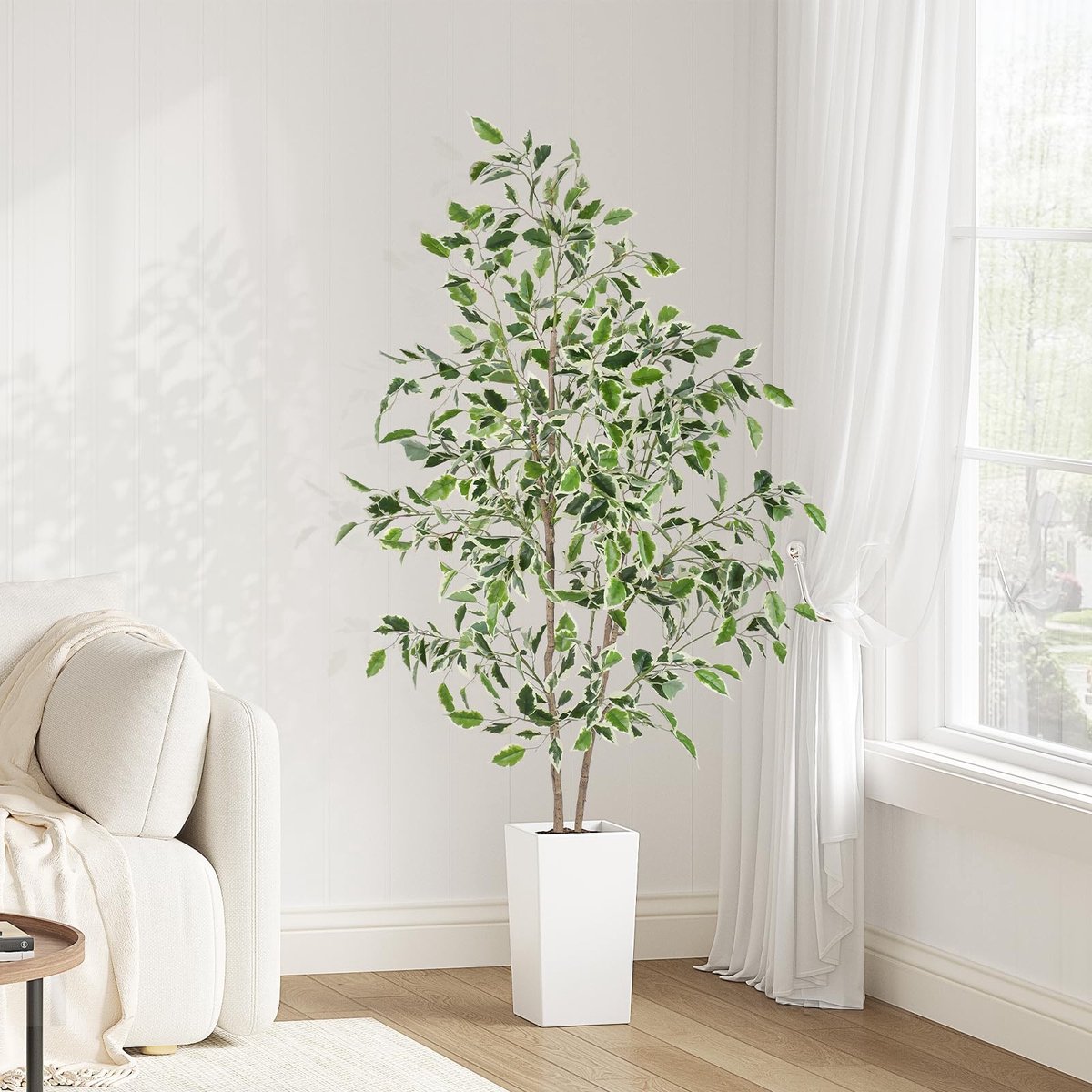 Omgoods - Kunstboom Ficus Benjamini 63 inch met Witte Pot - Ideaal voor Elke Interieurstijl