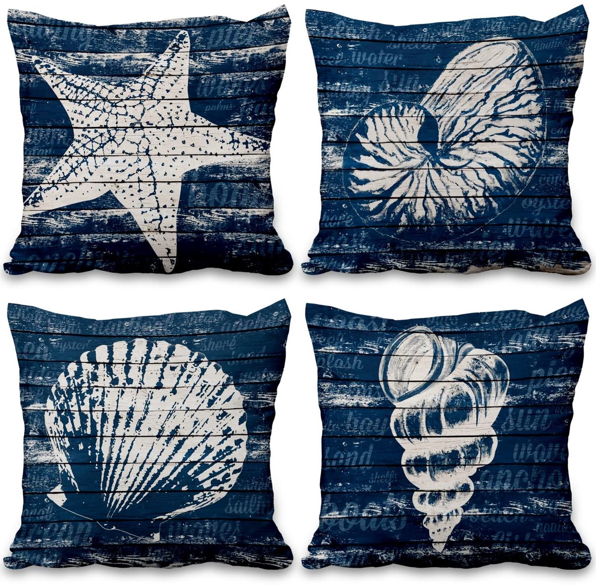 Omgoods - Set van 4 Vintage Zee Kussenslopen met Schelp Print