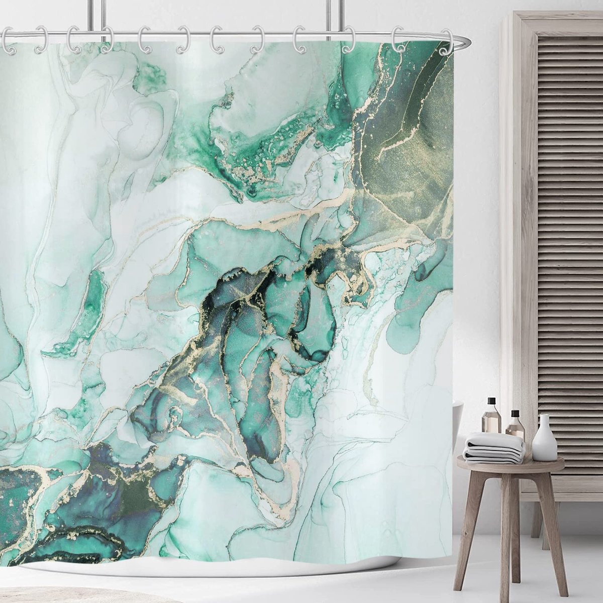 Omgoods - Douchegordijn Marmer 180x200cm - Modern Abstract Turquoise Goud Wit