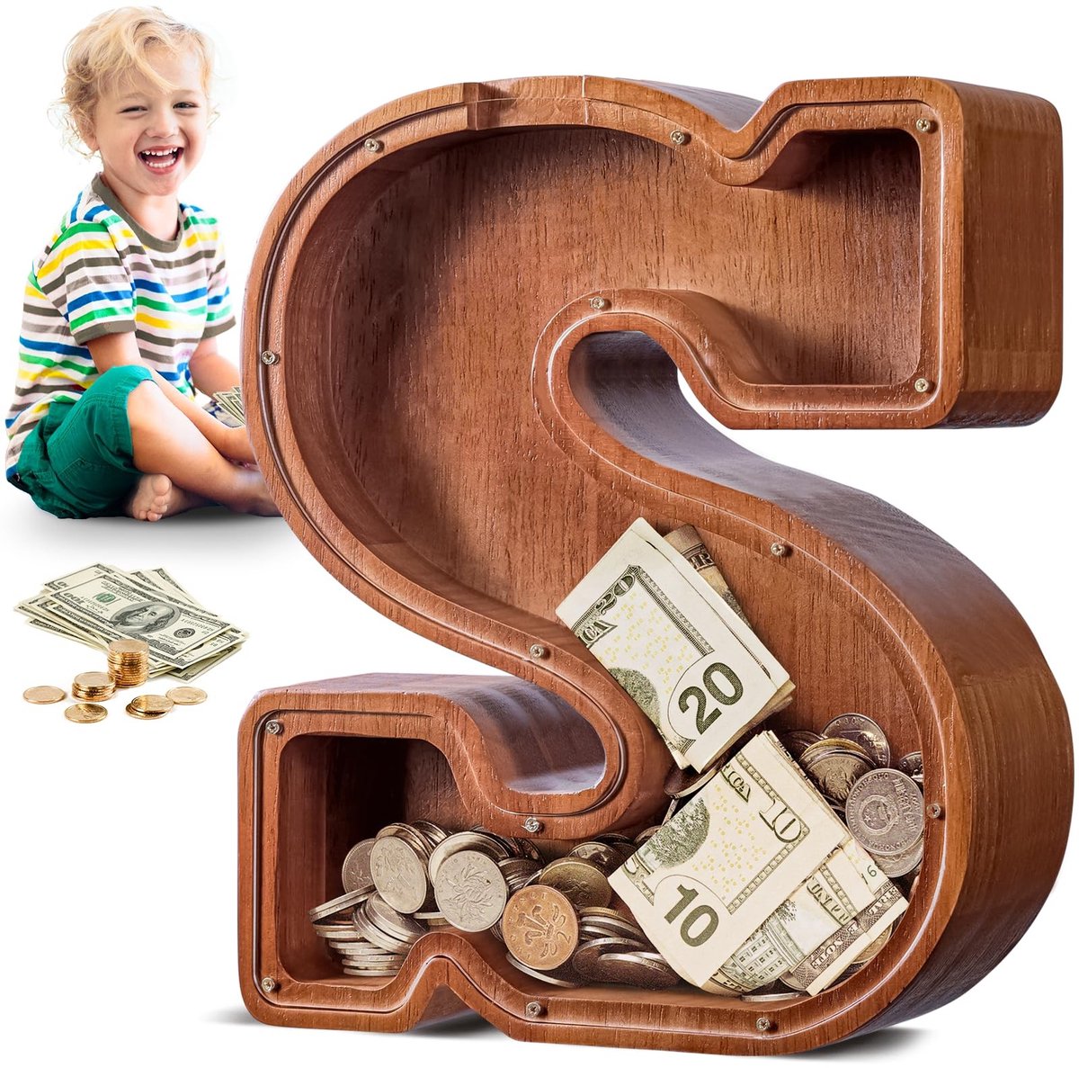 Omgoods - Extra Grote Houten Spaarpot - Spaarpot met Namen voor Kinderen