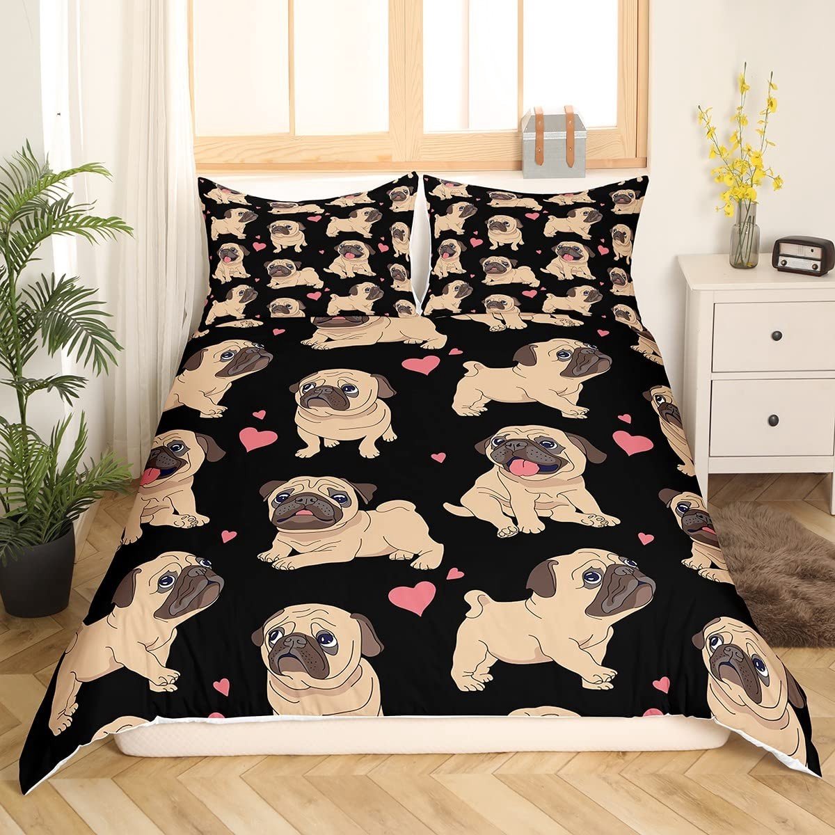 Omgoods - Puppy Dog Duvet Cover Set - Kawaii Pug Bedsprei met Hartjes