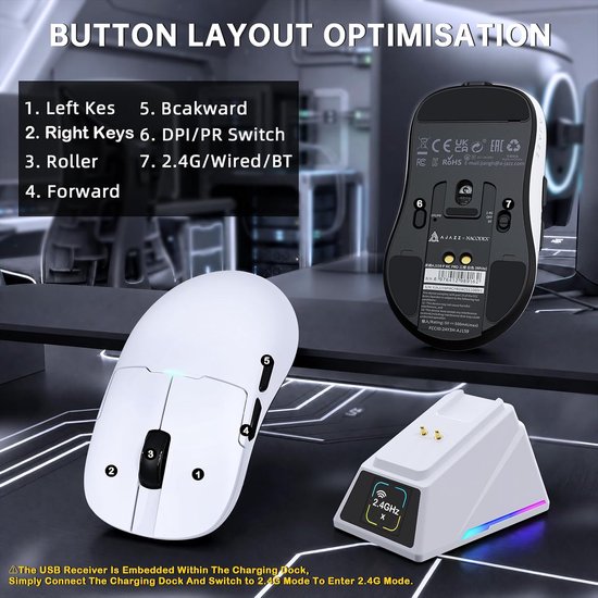 AJ159P SUPERLIGHT Draadloze Gamingmuis met RGB-Oplaadstation-Wit - Tri-mode BT/2.4G/USB-bedraad Computer Mice, PixArt PAW3311 Optische Sensor 24000 DPI Programmable voor PC/Mac/Win11 — afbeelding 2