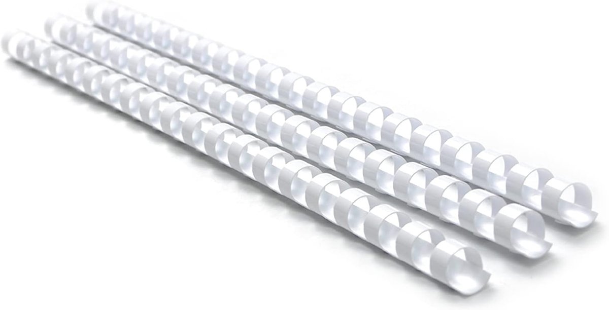 Bindruggen, plastic binding, 6 mm, 8 mm, 10 mm, 12 mm, 21 ringen, 20-90 vel bindcapaciteit, gemengde maten, A4, Wit, 100 stuks