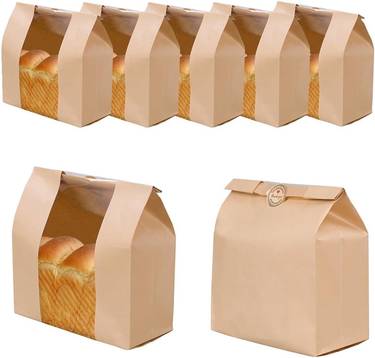 Grote Papieren Broodzakken - Bruin - 32 x 21 x 10 cm - Biologisch Afbreekbare Kraftpapierzak met Venster - Voor Zelfgebakken Brood