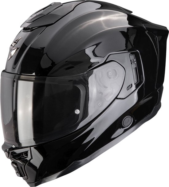 Glanzend zwarte integraalhelm met transparant vizier en ventilatieopeningen.