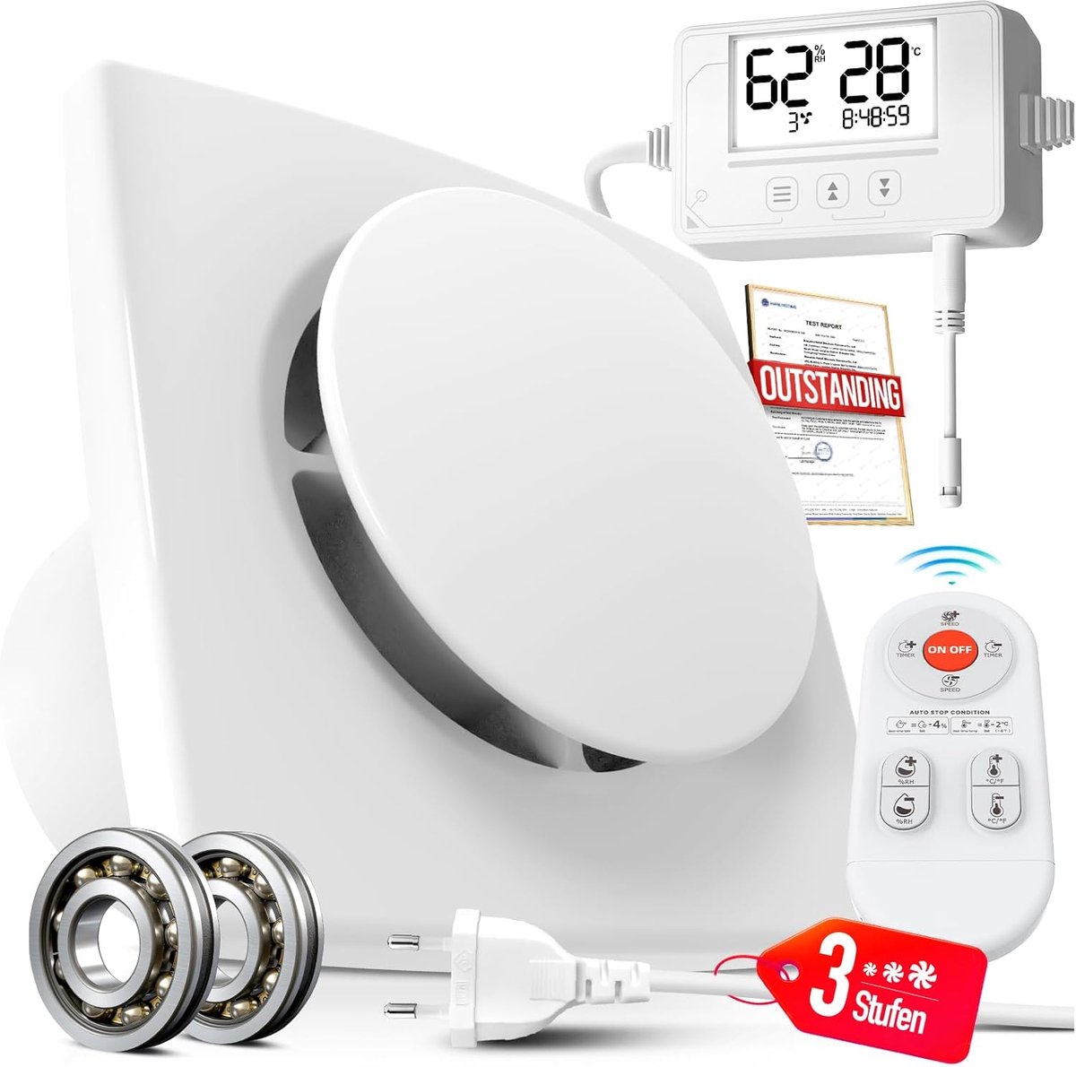 3-traps 100 mm Badkamerventilator met vocht- en Temperatuursensor, Timer, Afstandsbediening, Realtime Weergave van Vochtigheid en Temperatuur, Krachtige en Stille Afzuigventilator P109
