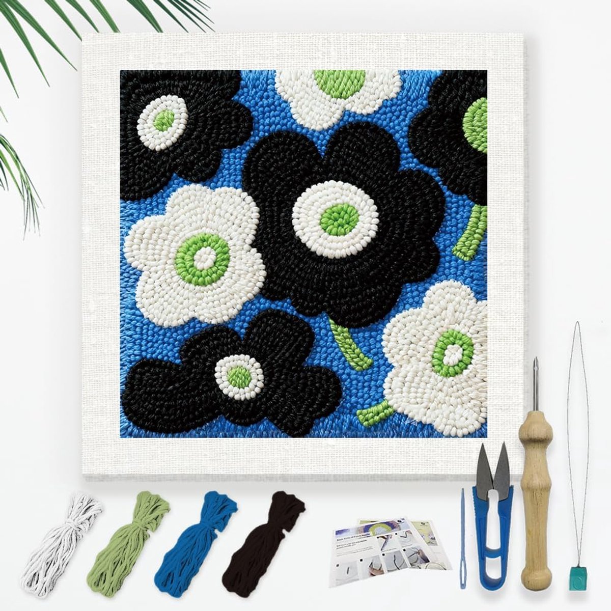 Zwart-witte bloemen Punch Needle Kit voor beginners, 24x24cm Bloemen Punch Stikken Craft Set, DIY Borduurwerk Starter met Gedrukt Frame, Instructie, Threader, Garen, Pinch Naald