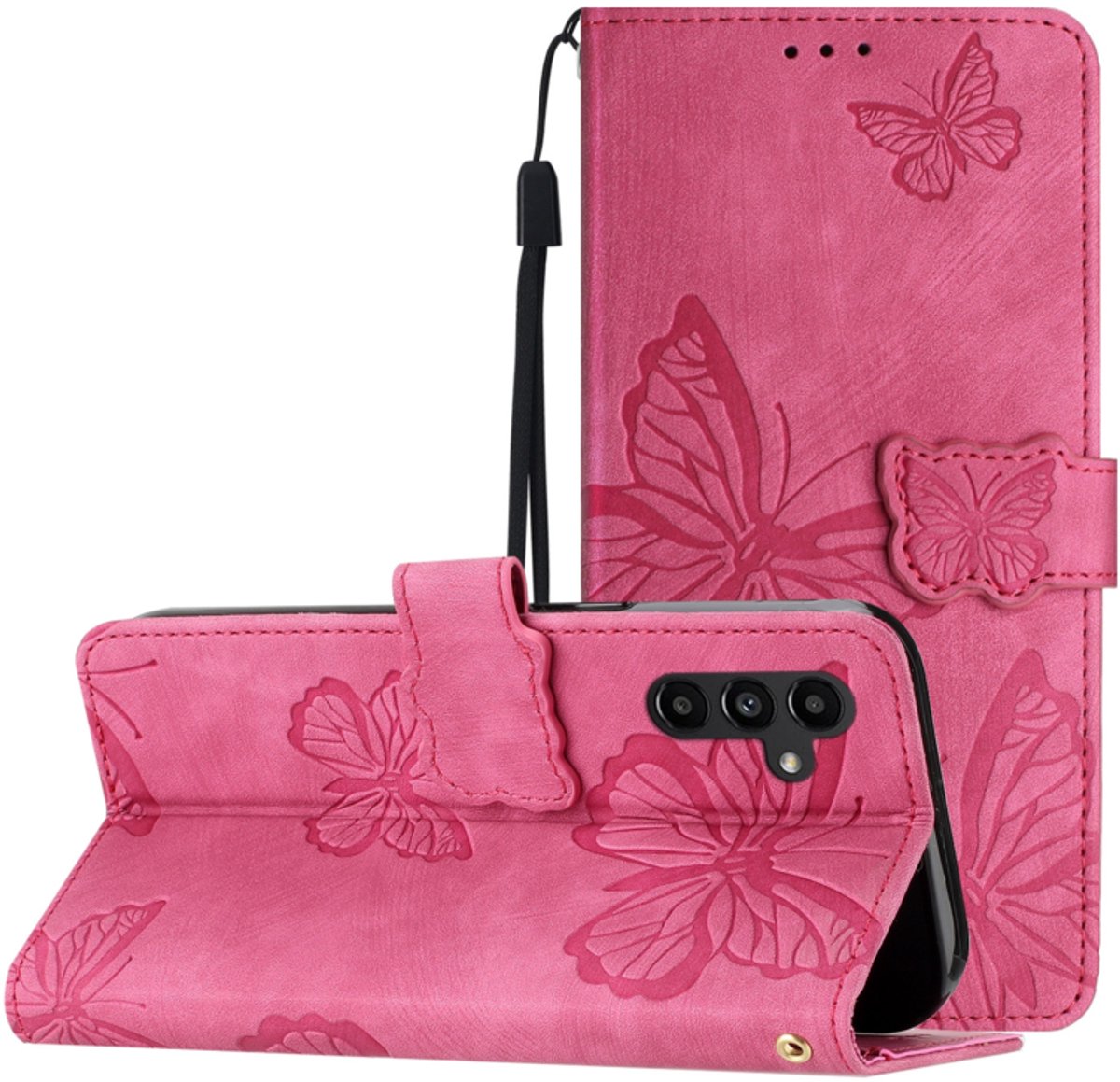 BoekCover Hoes Etui geschikt voor Samsung Galaxy A17 - A16 - A26 - Roze - Vlinders - Reliëf