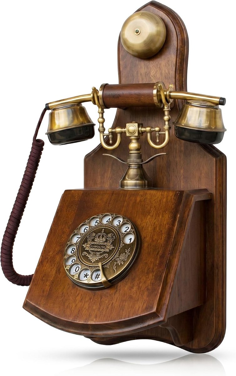 1921 CABLE – MODEL D – Wand bevestigde retro telefoon/retro telefoon met houten en metalen behuizing, functionele draaischijf en klassieke metalen bel