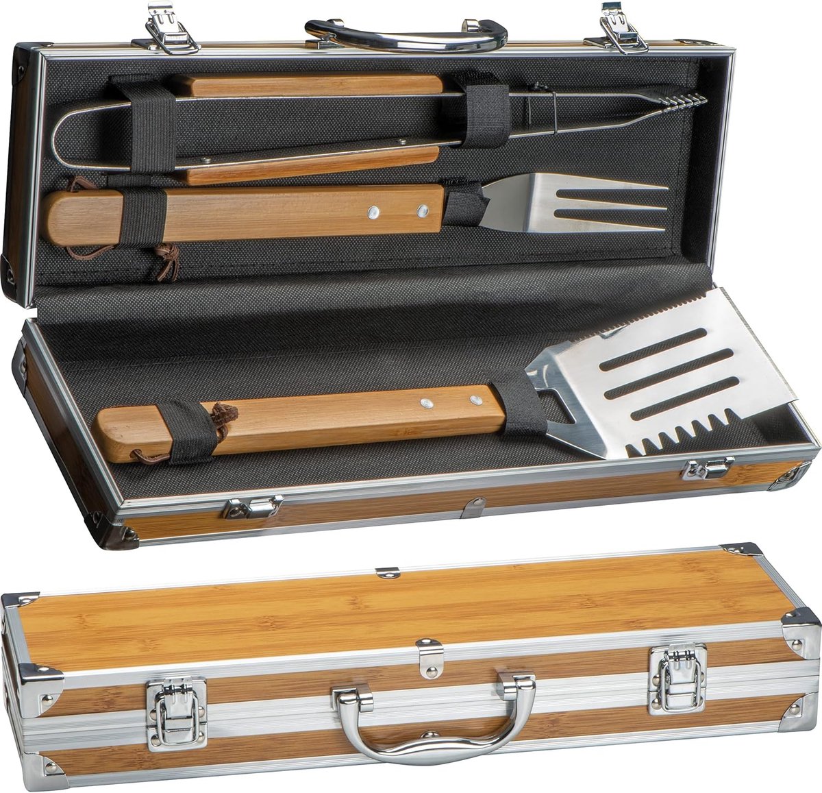 SnelShoppen - 3-Delige Grillset BBQ Gereedschap in Metaal Koffer met Houten Uiterlijk - Inclusief Grilltangen, Grillvork en Grillspatel voor Feest, Ca