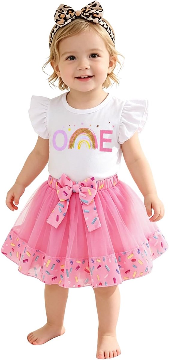 tule jurk, meisjes, rok, set, 1e verjaardag, jurken, zomerkledingset, geplooide mouwen, T-shirt met tule rok, kinderjurken, One Printer shirt, eerste verjaardag, netrok
