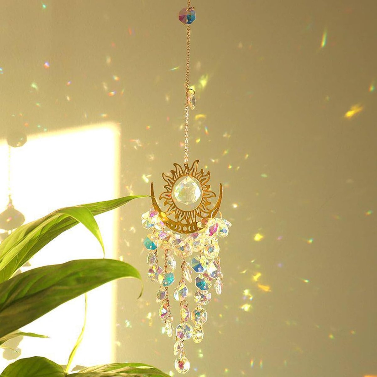 Kristallen zonnevanger voor raamdecoratie zonnevanger voor raam zonnevanger in de vorm van zon en maan boho hanger thuis kantoor windbel van glas als cadeau-idee