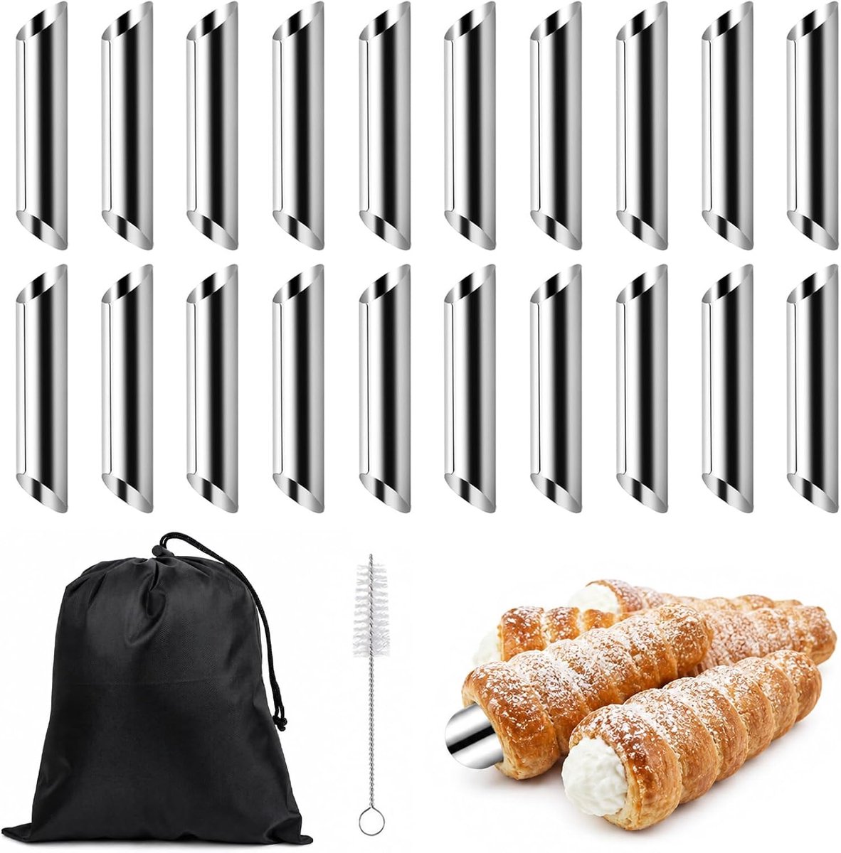 Bakvorm, 20 stuks schuimrolvormen, kleine cannoli-vormen met opbergtas, roestvrij staal, schillerkrulvormen, met reinigingsborstel, croissant, bakvorm, voor croissant, bakvormen