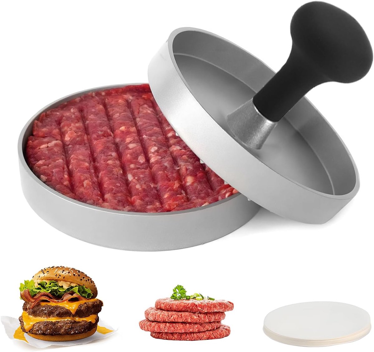 pers Patty Maker, 4,6 inch Food Grade Aluminium Hamburger Patty Maker, Non-Stick, met 100 Stks Wax Papier, voor Grillen en Koken