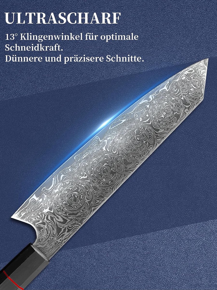 Kiritsuke Damascus mes Scherpe keuken Mes: 20 cm Damascus stalen mes - Groentesnijder, Professioneel, Zwarte houten handgreep