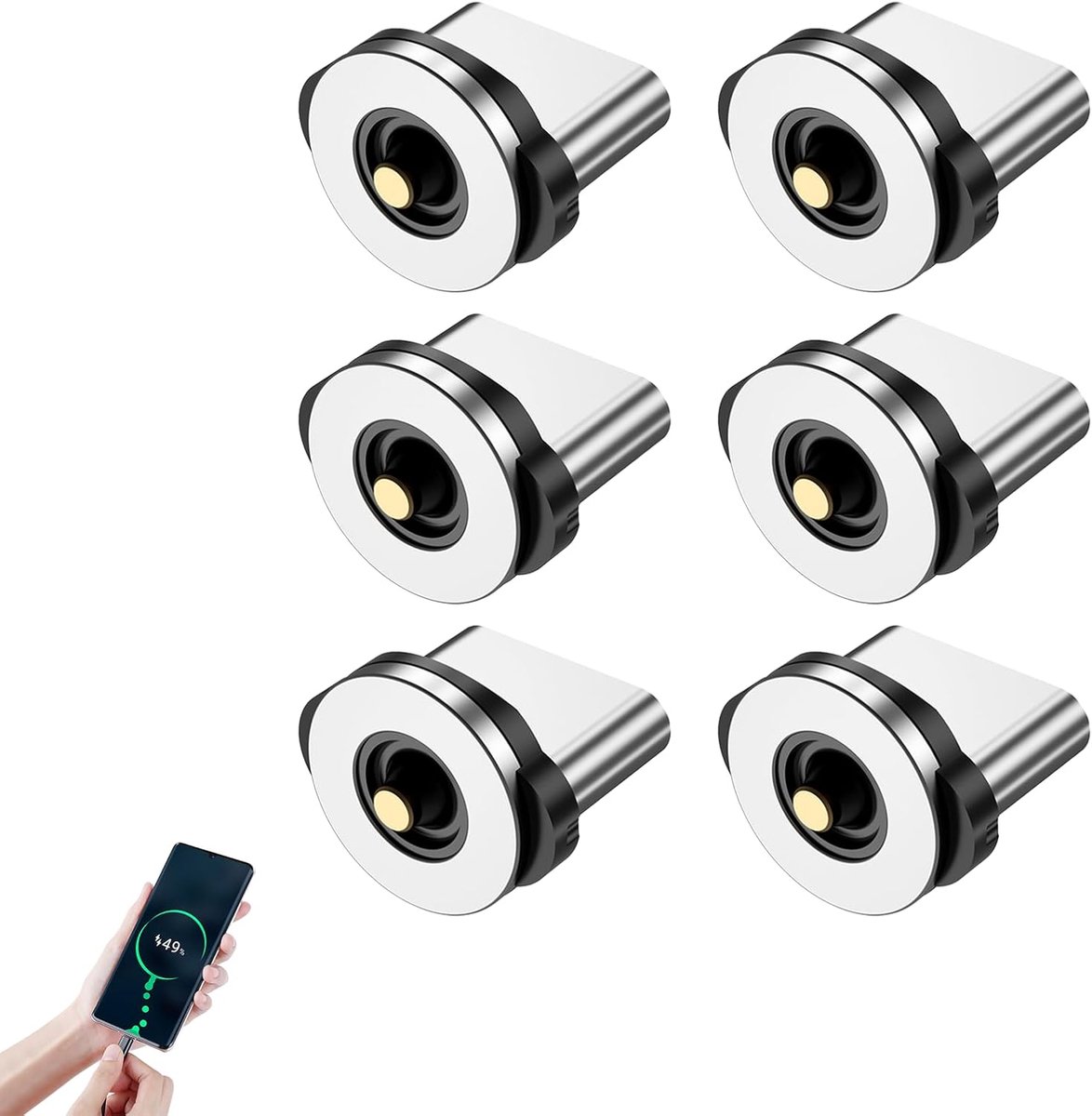 6 stuks magnetische USB-C-opzetstukken, 1-pins magnetische stekker voor USB-C-oplaadaansluiting, compatibel met magnetische oplaadkabel voor smartphones en tablets
