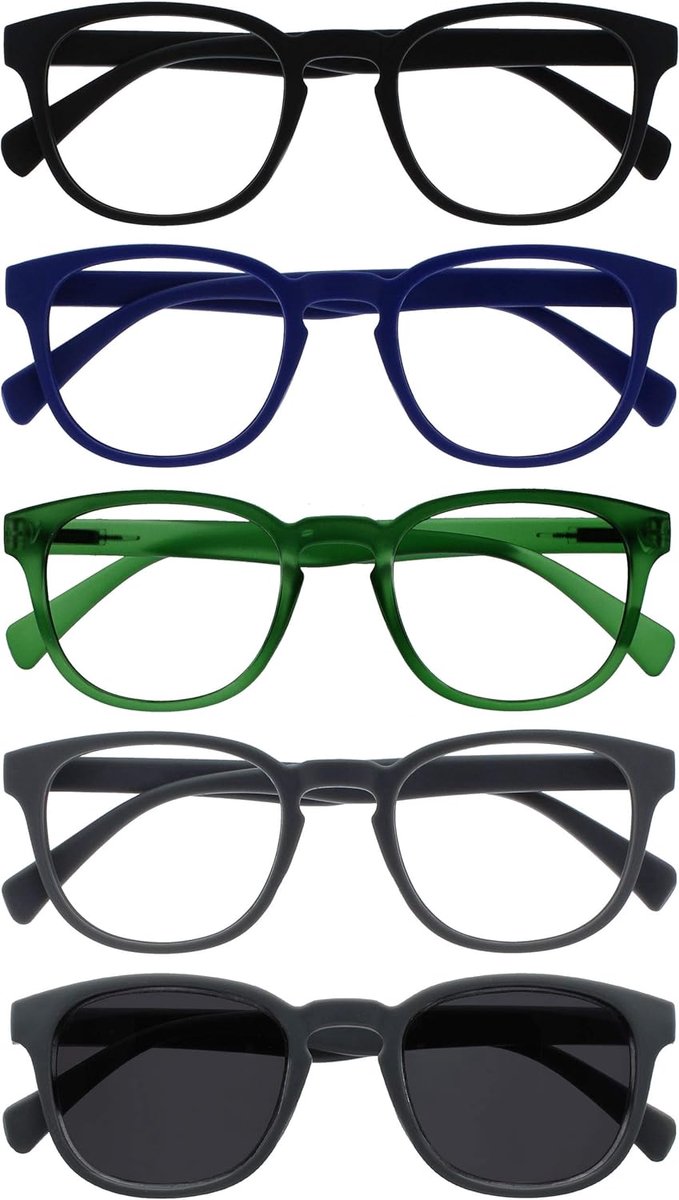 Pop 5 Stuks Leesbril Met Zon Lezer Retro Ronde Zwart Blauw Groen
