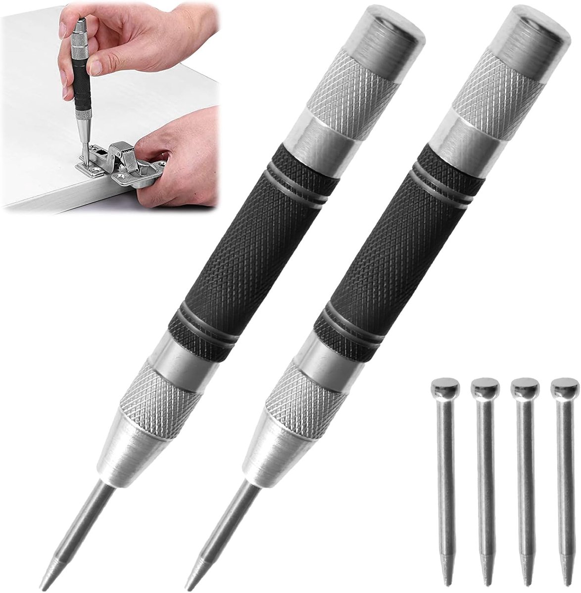 Gatstans in het midden, 2 stuks, automatisch, voor zware toepassingen, boorgereedschap met instelbare spanning, voor metaal, hout, glas en kunststof, inclusief 4 reservepunten