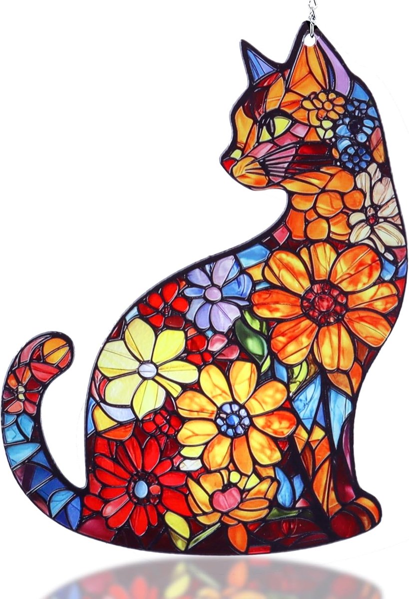 Zonnevanger met kattenmotief, gekleurd glas, met ketting en haak | Raamdecoratie hangende boeken, Suncatcher voor woonkamer, tuin, Kerstmis, feest, creatief cadeau-idee
