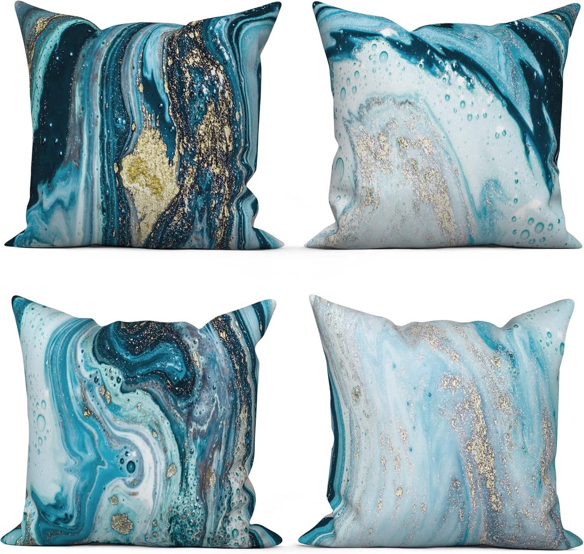 SnelShoppen - Set van 4 Marmeren Kussenhoezen 40 x 40 cm Modern Licht Luxe Goud Blauw Sterrenhemel Textuur Sofa Dekenkussens Wasbare Polyester Vlassto