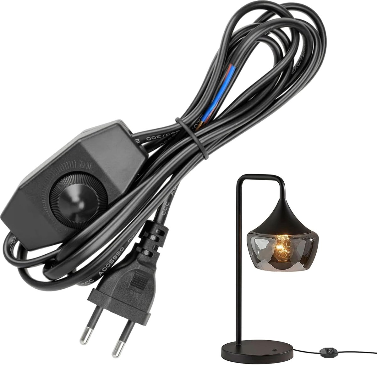 Led-dimschakelaar met 1,8 m kabel en EU-stekker, traploze snoerdimmer voor tafellampen en staande lampen, flikkervrije helderheidsregeling tot 100 W, zwart