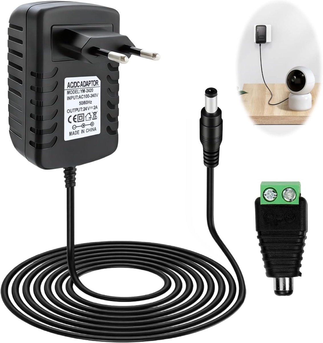 24 V voeding 2 A 48 W netadapter stekkervoeding AC 100-240 V naar 24 V DC transformator met 5,5 x 2,5 mm aansluiting, EU-stekker power adapter voor ledstrips, router radio, COB-strips, CCTV camera's