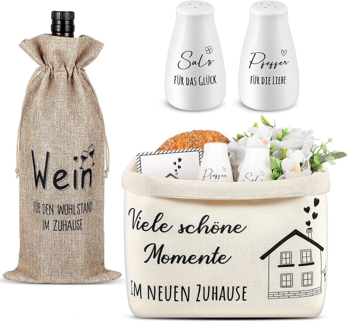 Housewarming Geschenken Set voor Bruidsparen - Broodmand, Peper- en Zoutstel, Jute Wijnzak en Kaart voor Nieuwe Appartementen en Sluitingsceremonies