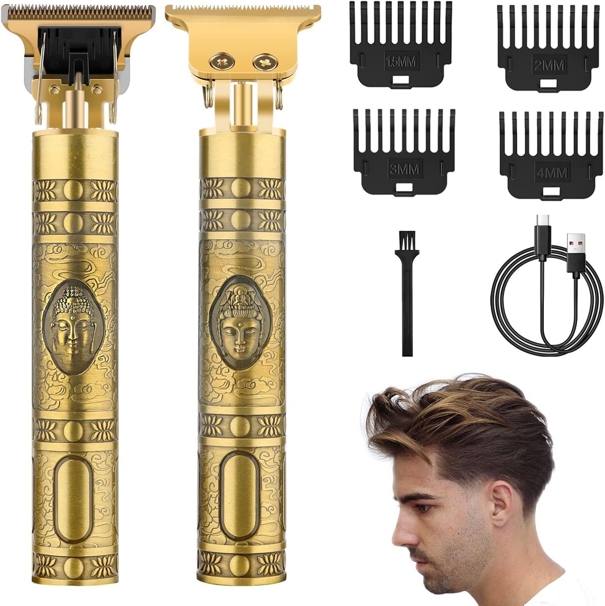 Tondeuse voor heren, USB, oplaadbaar, elektrisch scheerapparaat voor baard en haar, geschikt voor volwassenen en barbier, machine met 4 beperkte kammen (brons)