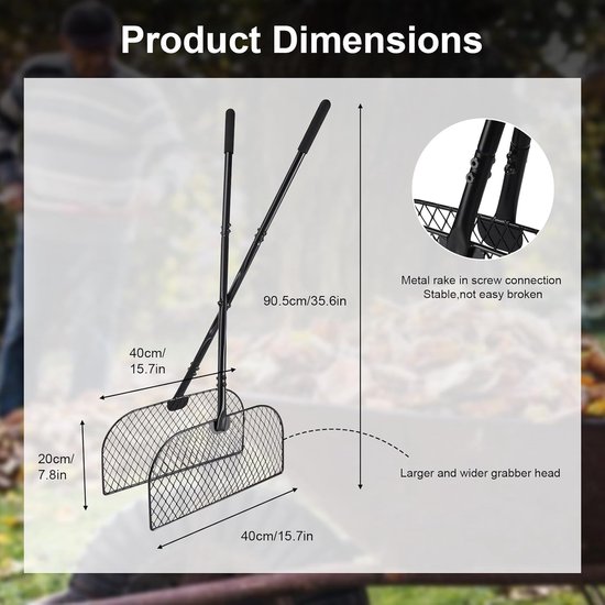 SnelShoppen - Long Handle Leaf Gripper Tuin Grijper Bladeren Verzamelaar Metaal Blad Hark Schep 40cm Breed voor Bladeren en Grasafval van Snelshoppen — afbeelding 3