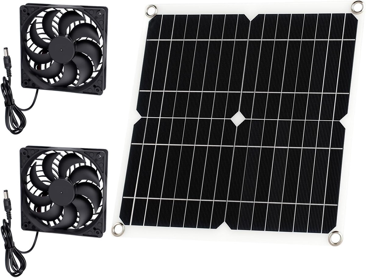 SnelShoppen - Zonnepaneel Ventilator, 12W Zonneventilator met DC Dubbele Ventilator, Raamuitgang voor Schuren, Kippenhokken, Kassen, Huisdierenhuizen