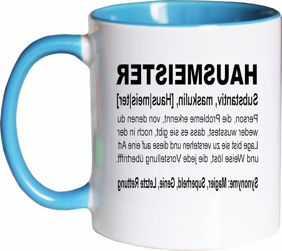 Koffiemok Huismeester - Theekop Spreuk - Cadeau Geven - Vaatwasmachinebestendig - 330 ml - Wit-lichtblauw
