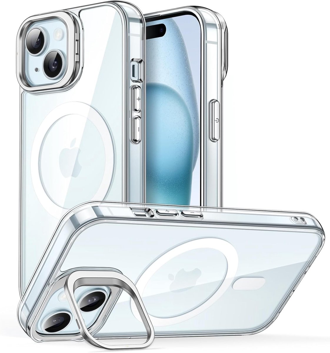 Kickstand Hoes voor iPhone 15, Doorzichtig, Geschikt voor MagSafe, Verstelbare Camera Ring, Schokbestendig en Kr scratchbestendig Ontwerp